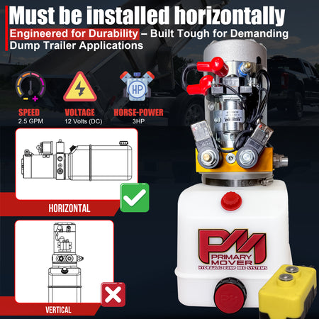 Primary Mover 12V Double-Acting Hydraulic Power Unit – Poly Tanks, 3 HP Motor

Durable hydraulic unit with 3 HP motor, solenoid, valve block, and tank. Engineered for horizontal mounting in demanding trailer applications.