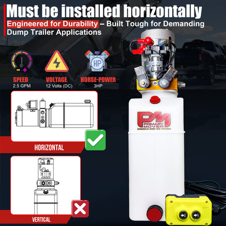 **Title:** Primary Mover 12V Hydraulic Power Unit – 3 HP Motor, Poly Tanks

**Meta Description:** Discover the Primary Mover 12V Double-Acting Hydraulic Power Unit. Engineered for demanding applications, featuring a 3 HP motor and up/down remote control.

**Alt Text:** Hydraulic power unit with 3 HP motor, fluid reservoir, remote control, and installation diagrams. Ideal for demanding dump trailer applications.