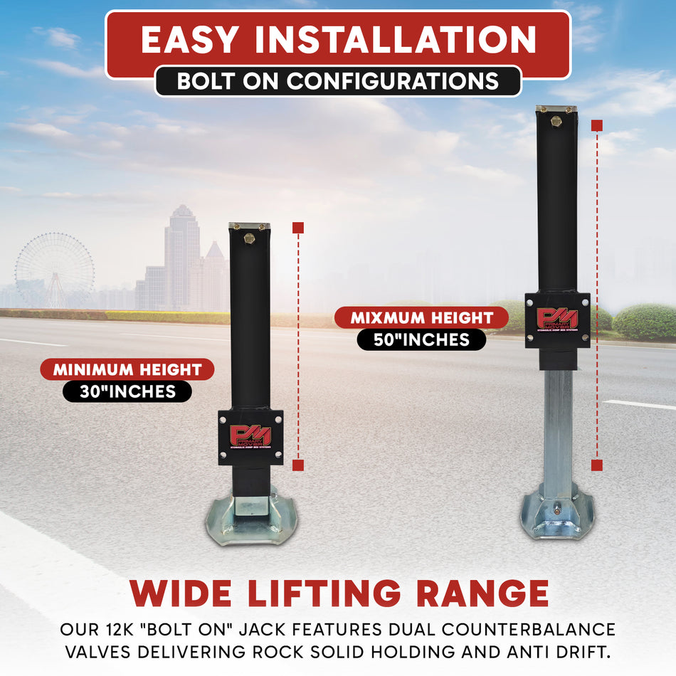 24K Double Hydraulic Trailer Jack Kit with dual jacks, bolt-on or weld-on, ferris wheel in the sky background. Ideal for heavy-duty trailers.
