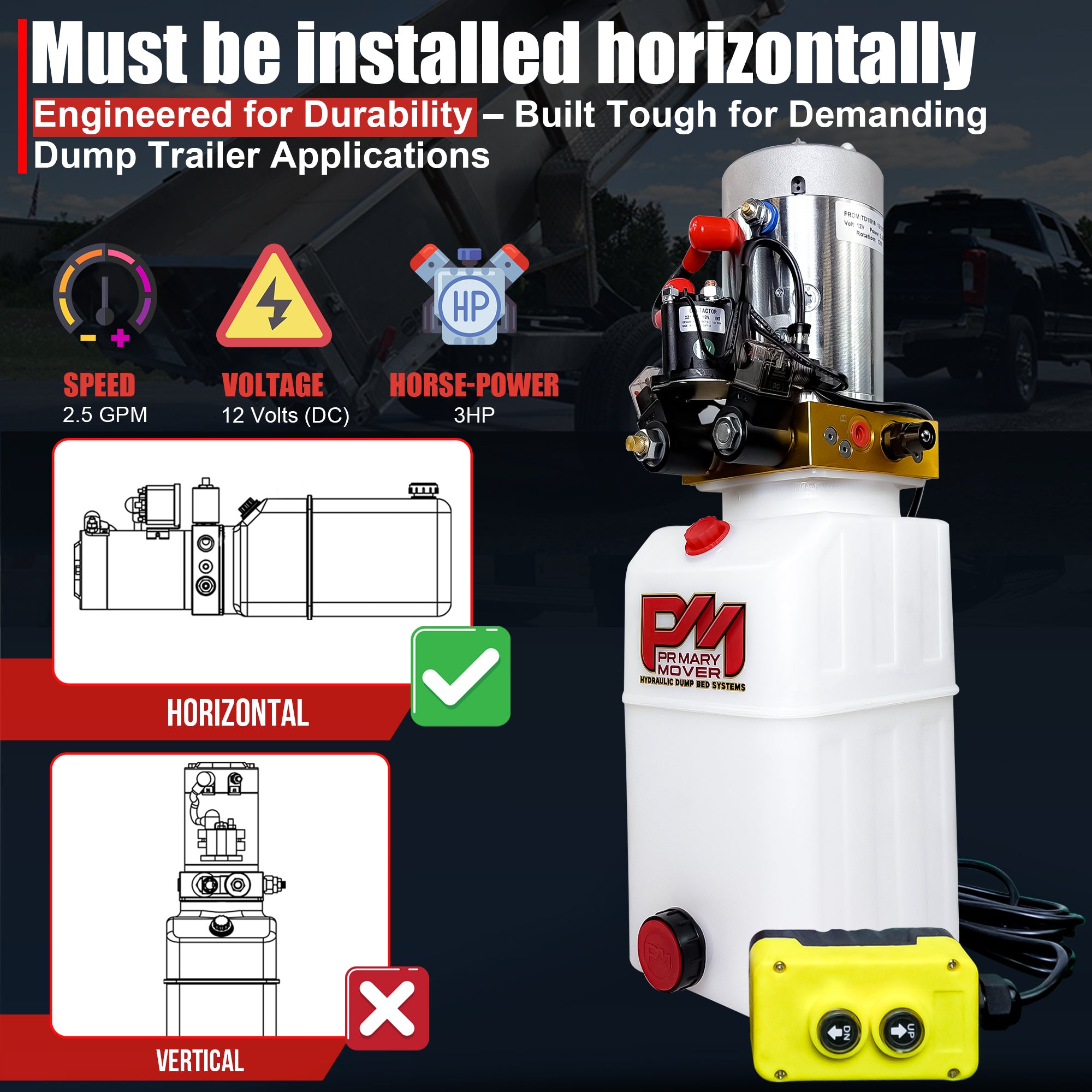 Primary Mover 12V Double-Acting Hydraulic Pump with Poly Reservoir, featuring dual-acting precision, designed for dump bed systems; includes a silver and yellow handle.