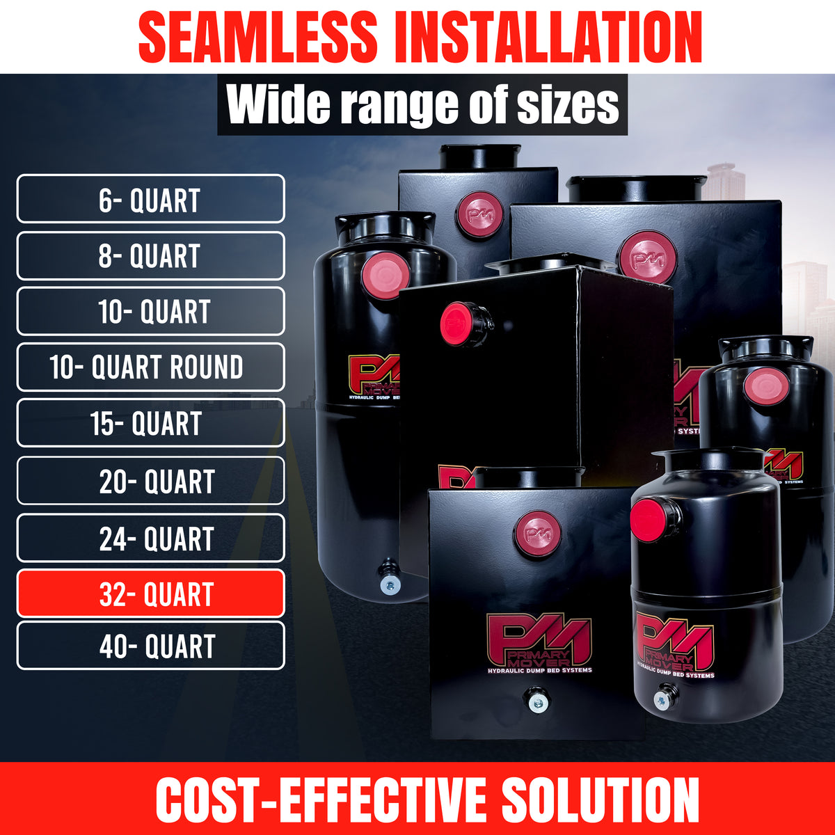 Hydraulic Power Unit Replacement Reservoir: Steel construction, round opening, square bolt pattern, 32-quart capacity, includes plug and breather caps. Ideal for hydraulic systems.