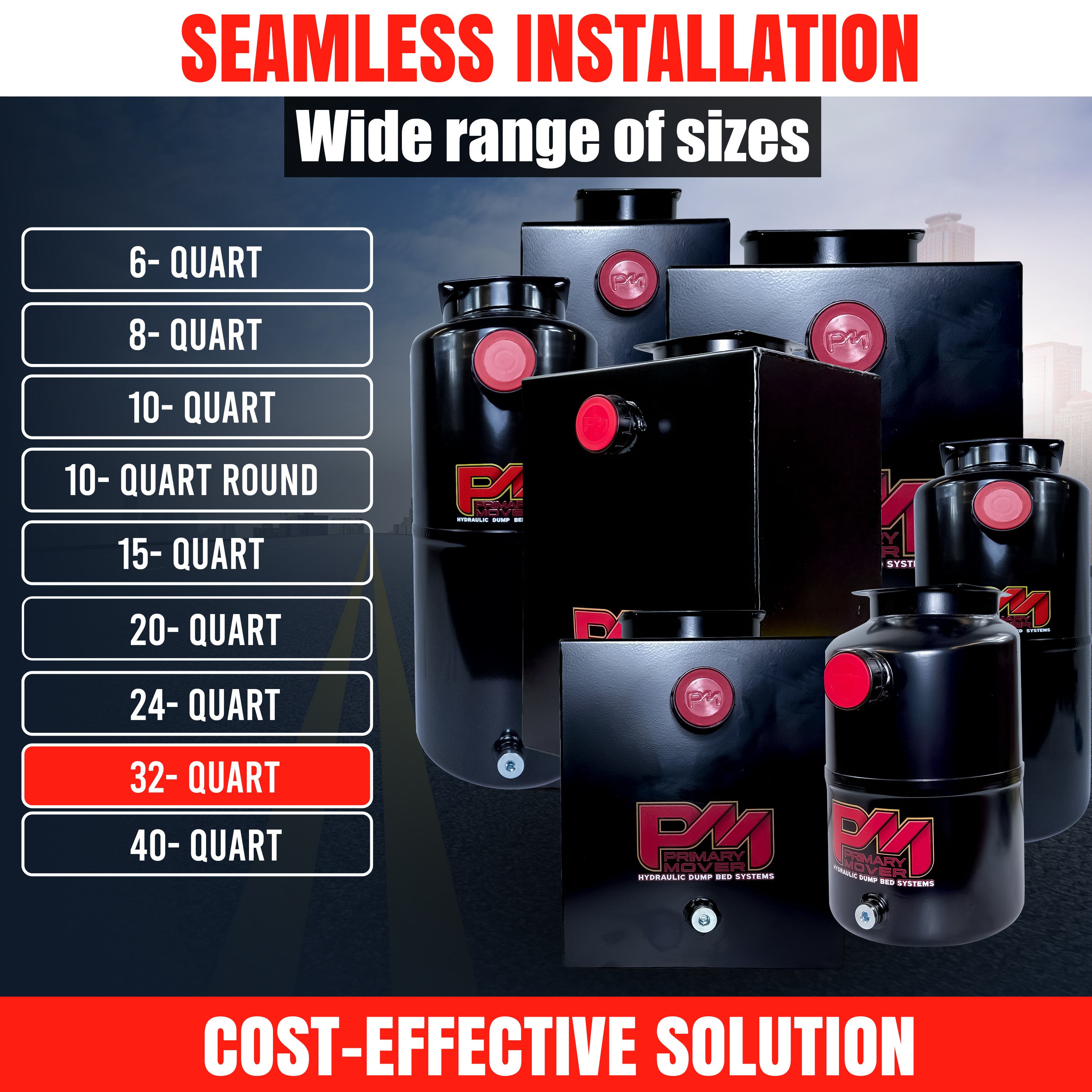 Hydraulic Power Unit Replacement Reservoir: Steel construction, round opening, square bolt pattern, 32-quart capacity, includes plug and breather caps. Ideal for hydraulic systems.
