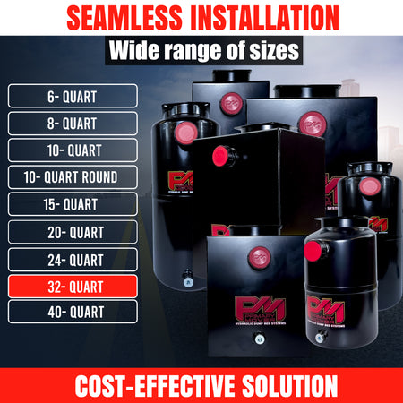 Hydraulic Power Unit Replacement Reservoir: Steel construction, round opening, square bolt pattern, 32-quart capacity, includes plug and breather caps. Ideal for hydraulic systems.