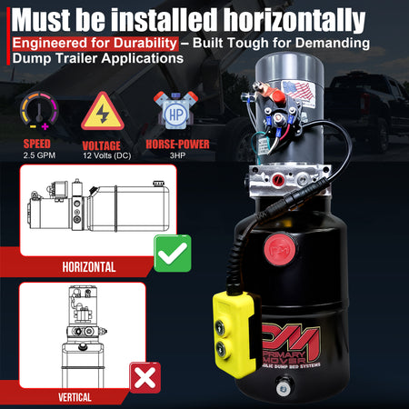 KTI 12V Single-Acting Hydraulic Pump shown with a steel reservoir, highlighting its efficient, compact design for hydraulic dump bed systems.