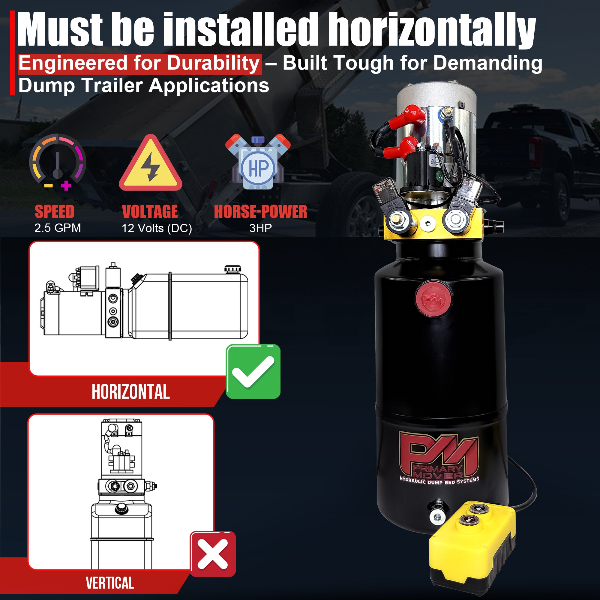 Primary Mover 12V Double-Acting Hydraulic Pump with steel reservoir, featuring red controls and safety symbols, designed for efficient hydraulic dump bed applications.