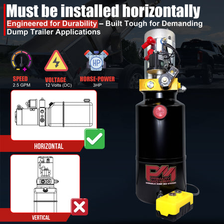 Primary Mover 12V Single-Acting Hydraulic Pump with Steel Reservoir, featuring a black container with red label and yellow triangle with black lightning bolt.