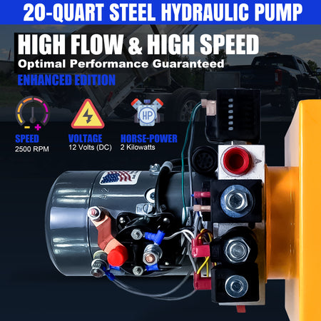 Close-up of the KTI 12Vdc Single/Double Hydraulic Power Unit, highlighting its dual-functionality components, including screws, gauges, and bolts, designed for versatile hydraulic applications.