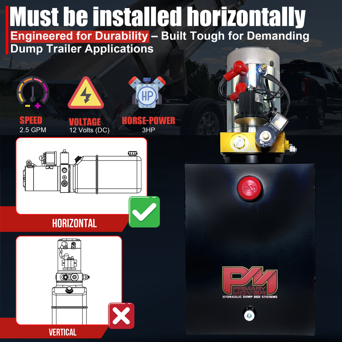 Primary Mover 12V Single-Acting Hydraulic Pump with Steel Reservoir, featuring a high-flow design for dump trailers, liftgates, and more, shown in a detailed schematic.