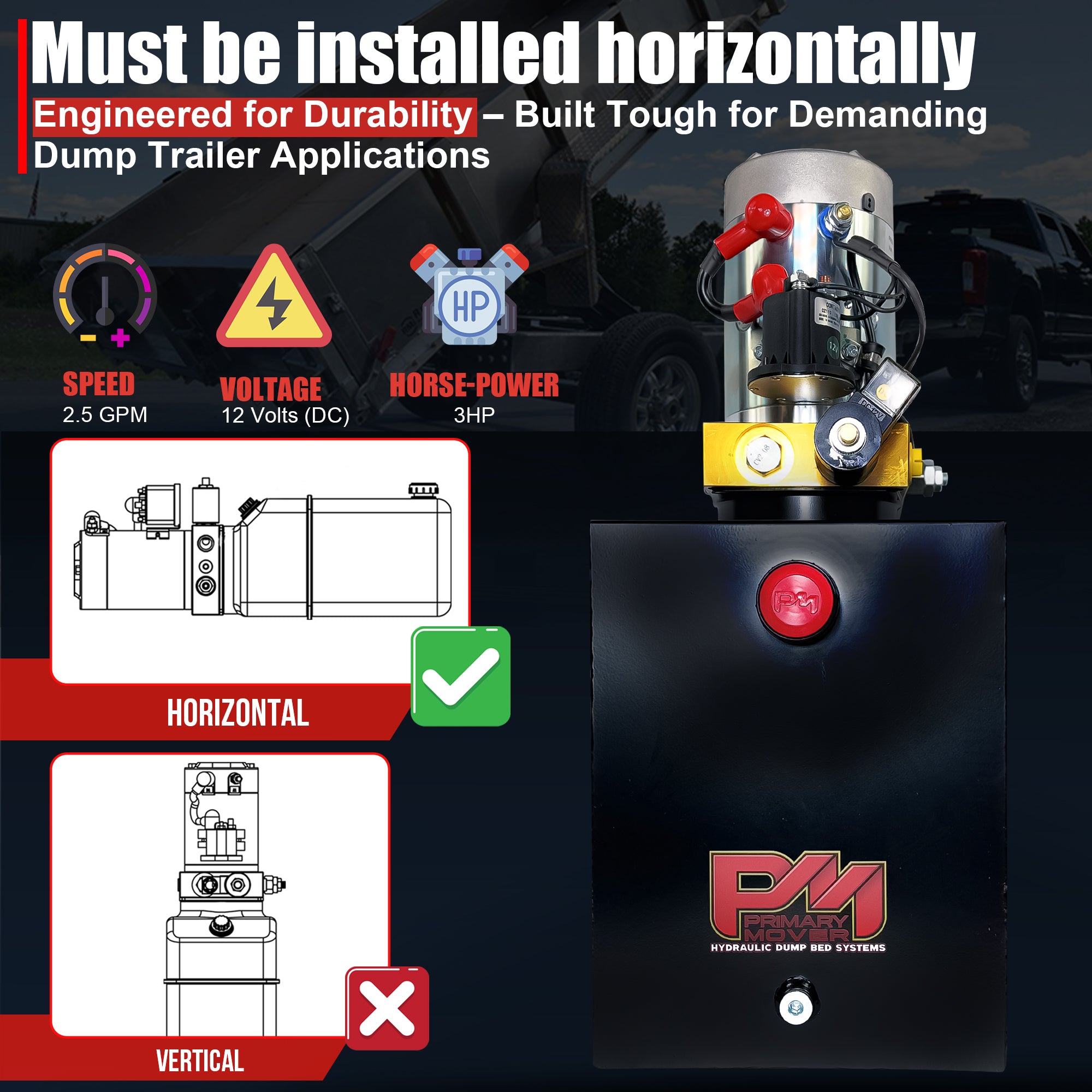 Primary Mover 12V Single-Acting Hydraulic Pump with Steel Reservoir, featuring a high-flow design for dump trailers, liftgates, and more, shown in a detailed schematic.