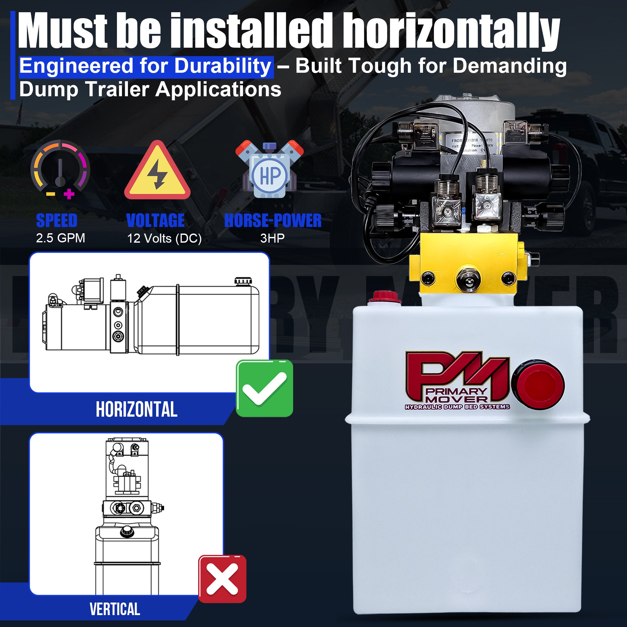 Primary Mover 12Vdc Single Double Pump with clear labeling and yellow safety sign, designed for telescopic dump trailers, offers dual circuit hydraulic power.