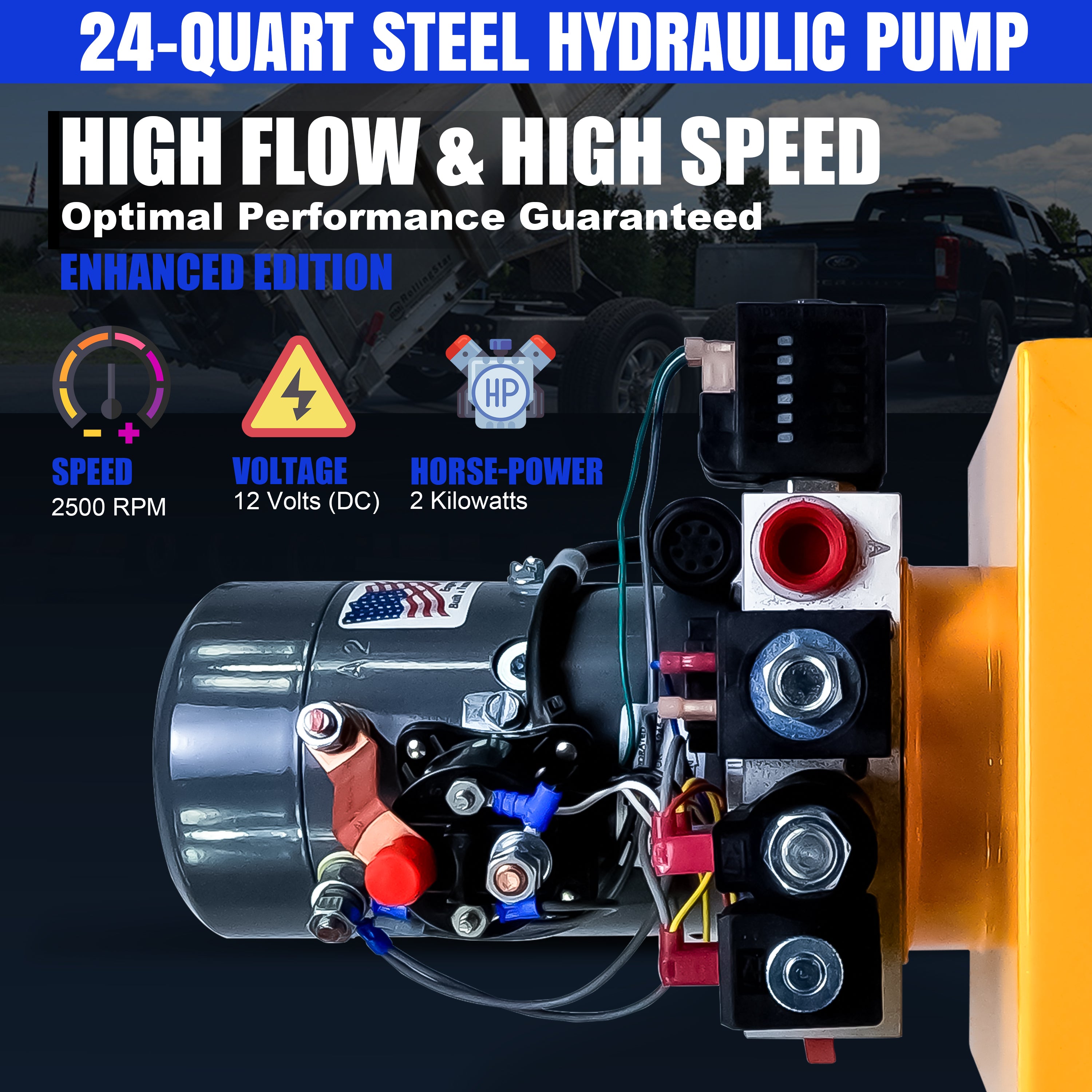 Close-up of the KTI 12vdc Single/Double Hydraulic Power Unit showing detailed components like screws and bolts, highlighting its robust design for versatile hydraulic applications.