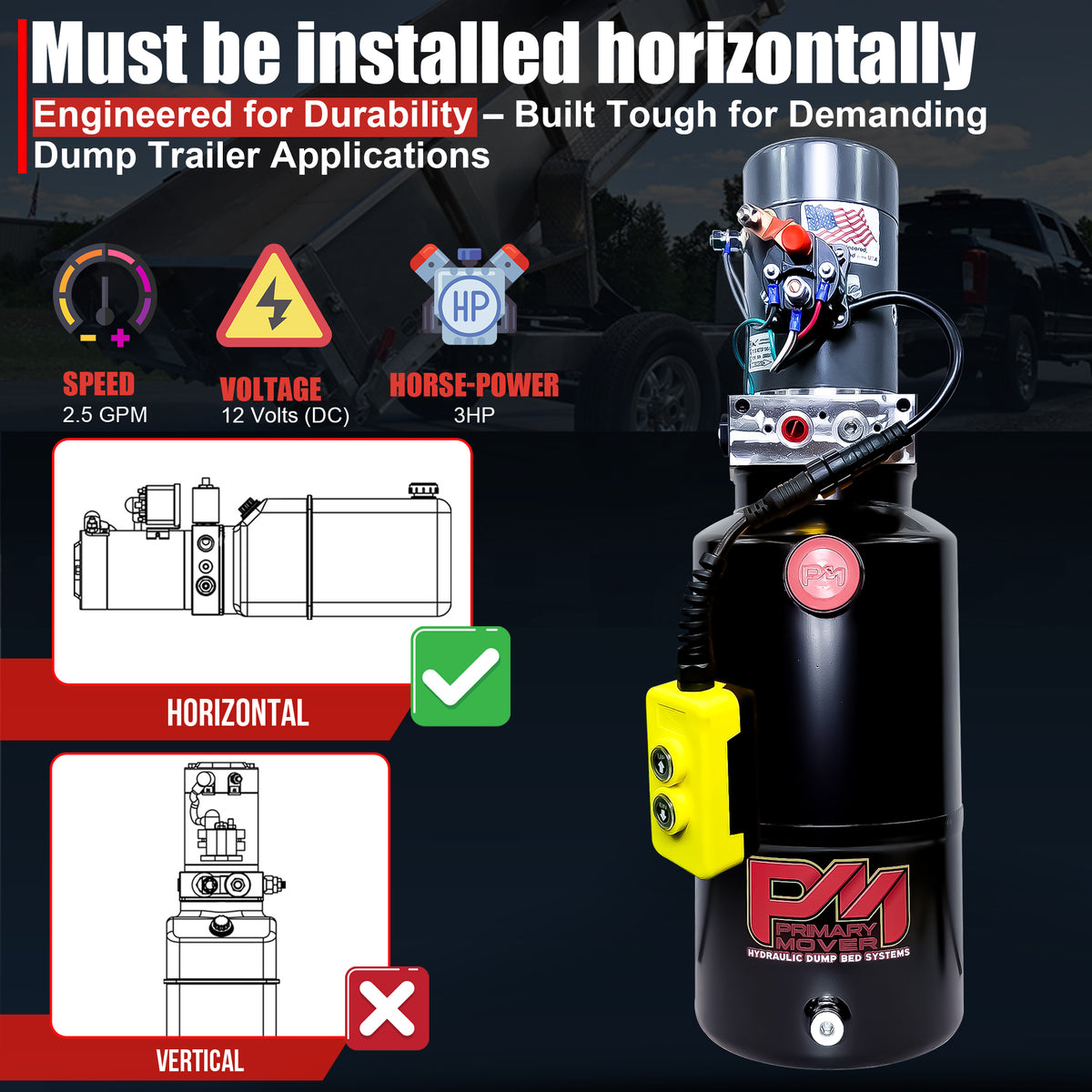 KTI 12V Single-Acting Hydraulic Pump - Steel Reservoir, shown in a graphic design with a focus on its efficient, compact structure and durable construction for dump bed systems.