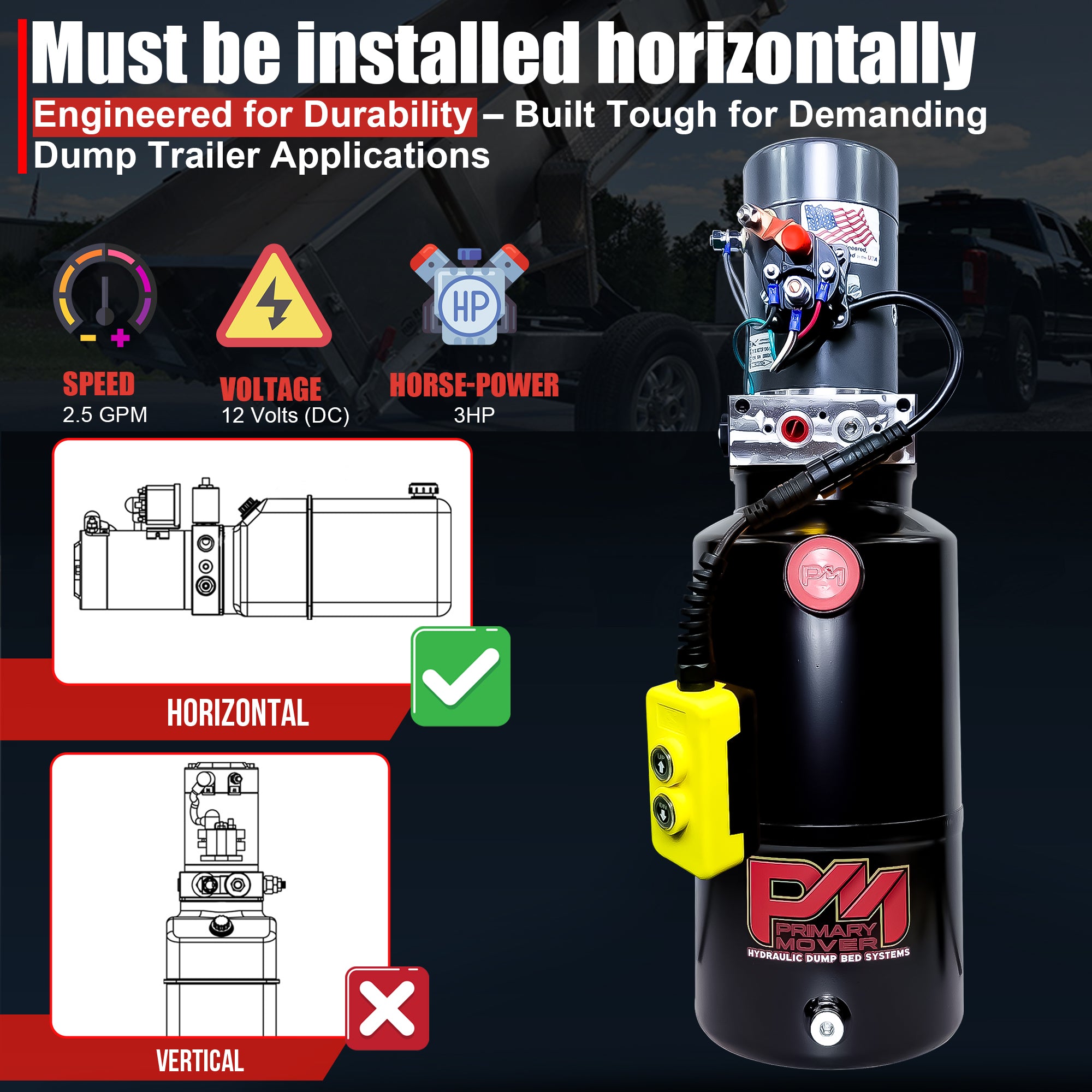 KTI 12V Single-Acting Hydraulic Pump - Steel Reservoir, shown in a graphic design with a focus on its efficient, compact structure and durable construction for dump bed systems.