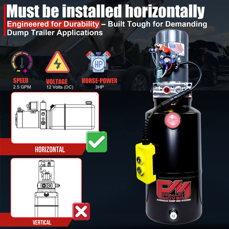 KTI 12V Single-Acting Hydraulic Pump - Steel Reservoir, shown in a graphic design with a focus on its efficient, compact structure and durable construction for dump bed systems.