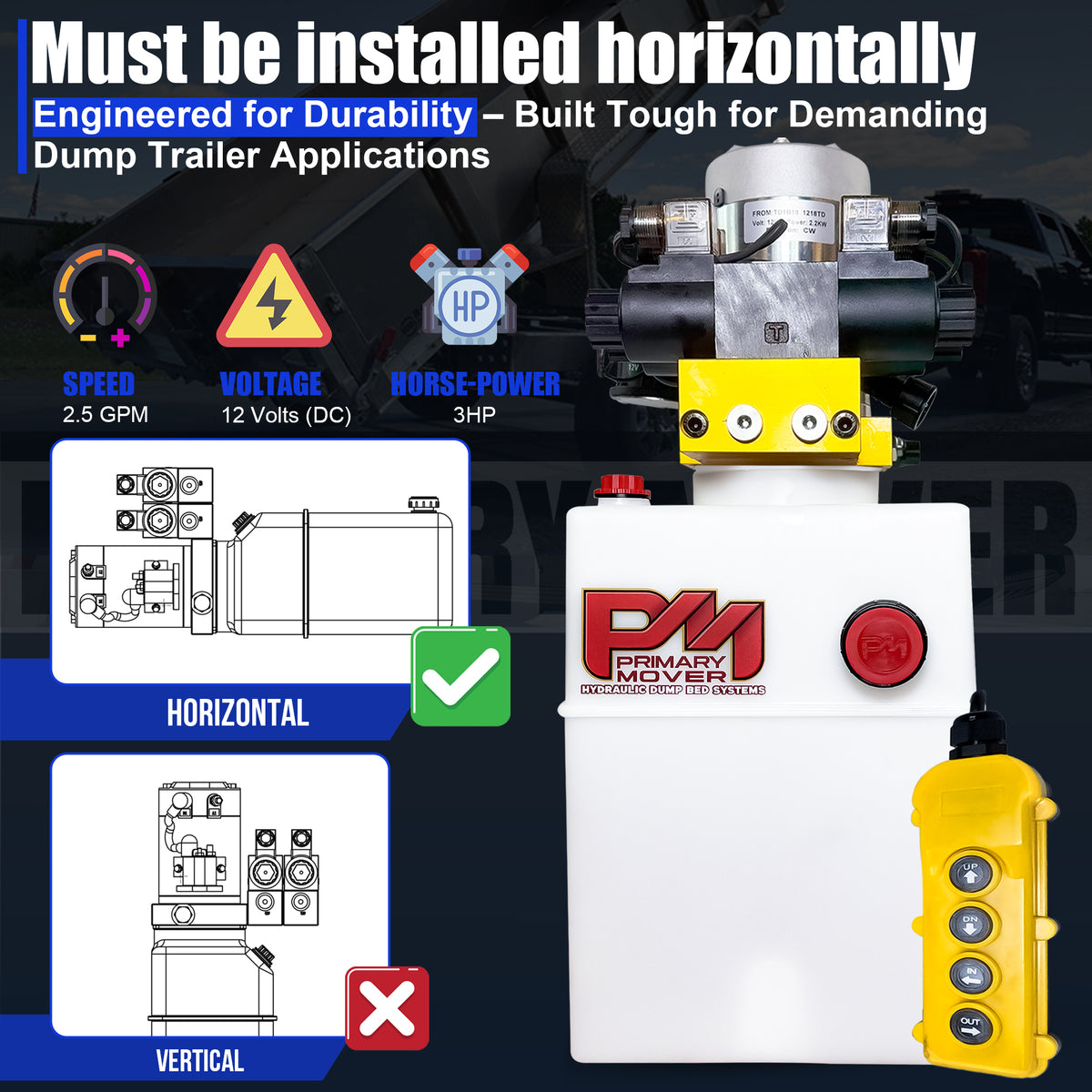 Primary Mover 12V Dual Double-Acting Hydraulic Dump Trailer Pump (Poly) for versatile, compact power in hydraulic systems, ideal for dump trailers and trucks.