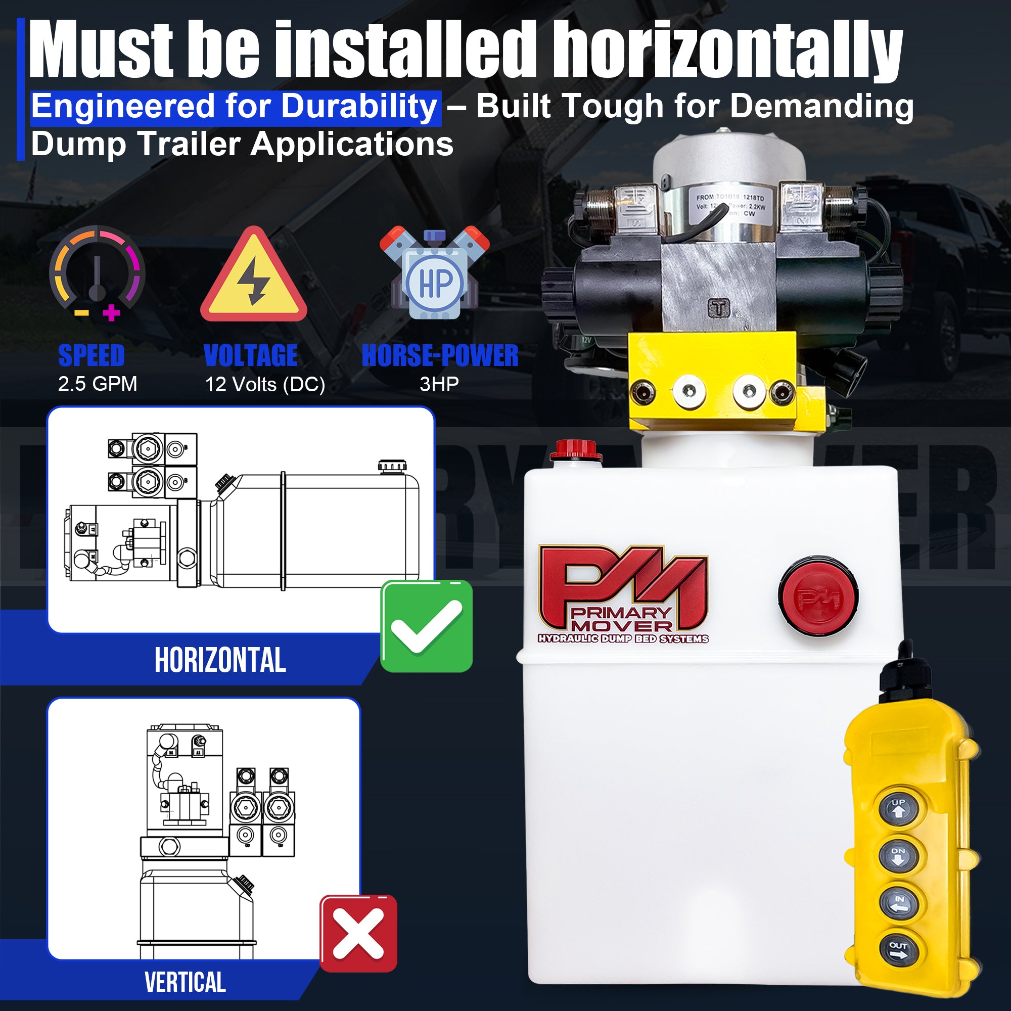 Primary Mover 12V Dual Double-Acting Hydraulic Dump Trailer Pump (Poly) for versatile, compact power in hydraulic systems, ideal for dump trailers and trucks.