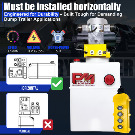 Primary Mover 12V Dual Double-Acting Hydraulic Dump Trailer Pump (Poly) for versatile, compact power in hydraulic systems, ideal for dump trailers and trucks.