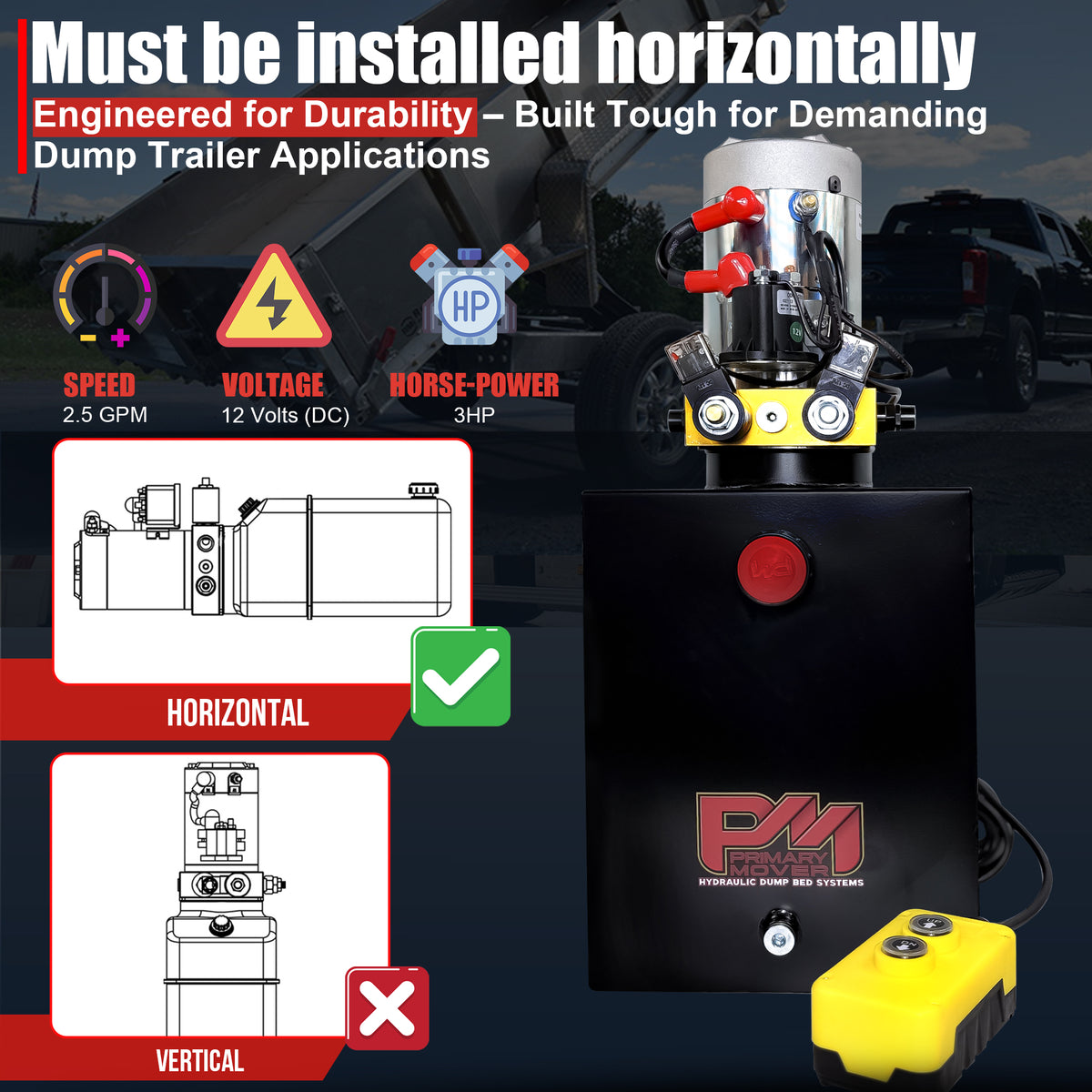 Primary Mover 12V Double-Acting Hydraulic Pump with dual buttons and logo, designed for efficient hydraulic dump bed systems.