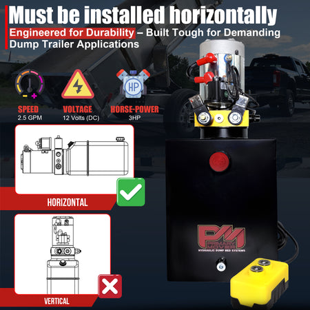 Primary Mover 12V Double-Acting Hydraulic Pump with dual buttons and logo, designed for efficient hydraulic dump bed systems.
