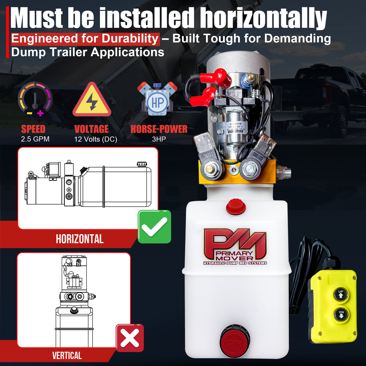 **Title:** Primary Mover 12V Hydraulic Power Unit – 3 HP Motor, Poly Tanks

**Meta Description:** Discover the Primary Mover 12V Hydraulic Power Unit, designed for durability in dump trailers, with a 3 HP motor and horizontal installation.

**Alt Text:** Primary Mover 12V hydraulic unit with 3 HP motor, horizontal install, includes remote, highlighting speed, voltage, horsepower, and installation diagrams.
