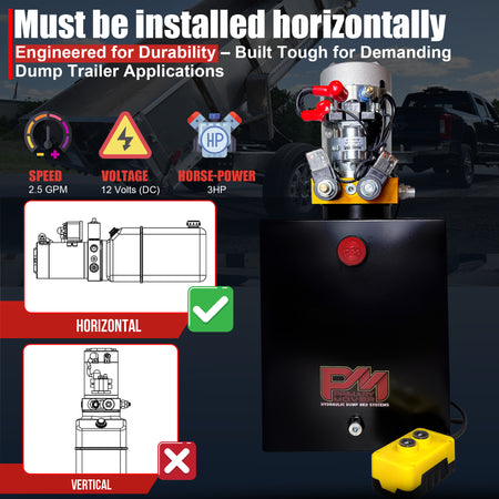 **Title:** Primary Mover 12V Hydraulic Power Unit – 3 HP Motor

**Meta Description:** Explore the Primary Mover 12V Hydraulic Power Unit with a 3 HP motor, ideal for dump trailers and heavy-use applications, featuring horizontal mounting and a handheld remote.

Power unit with motor, pump, reservoir, and remote. Horizontal mount shown correct; vertical incorrect.