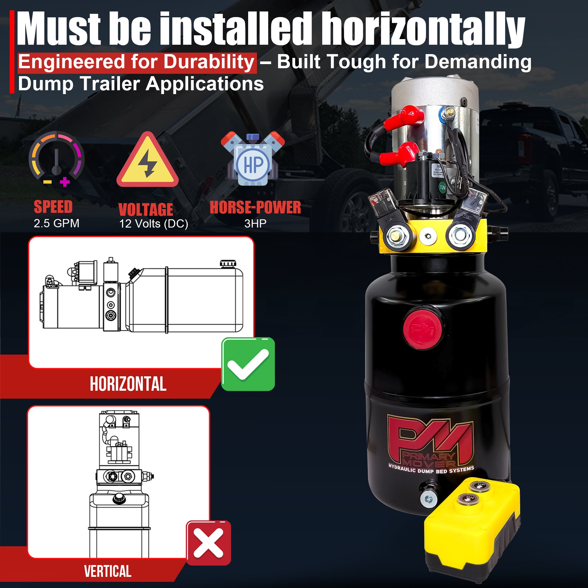 Primary Mover 12V Double-Acting Hydraulic Pump with steel reservoir, featuring dual-acting precision for efficient lift and descent, tailored for dump bed systems.