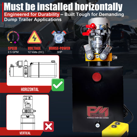 **Title:** Primary Mover 12V Hydraulic Power Unit – 3 HP Motor

**Meta Description:** Discover the Primary Mover 12V Double-Acting Hydraulic Power Unit, featuring a robust 3 HP motor and steel reservoir for efficient dump trailer operation.

**Alt Text:** Primary Mover 12V hydraulic unit with 3 HP motor, steel tank, solenoid valve, battery terminals, and remote control, designed for horizontal mounting in dump trailers.