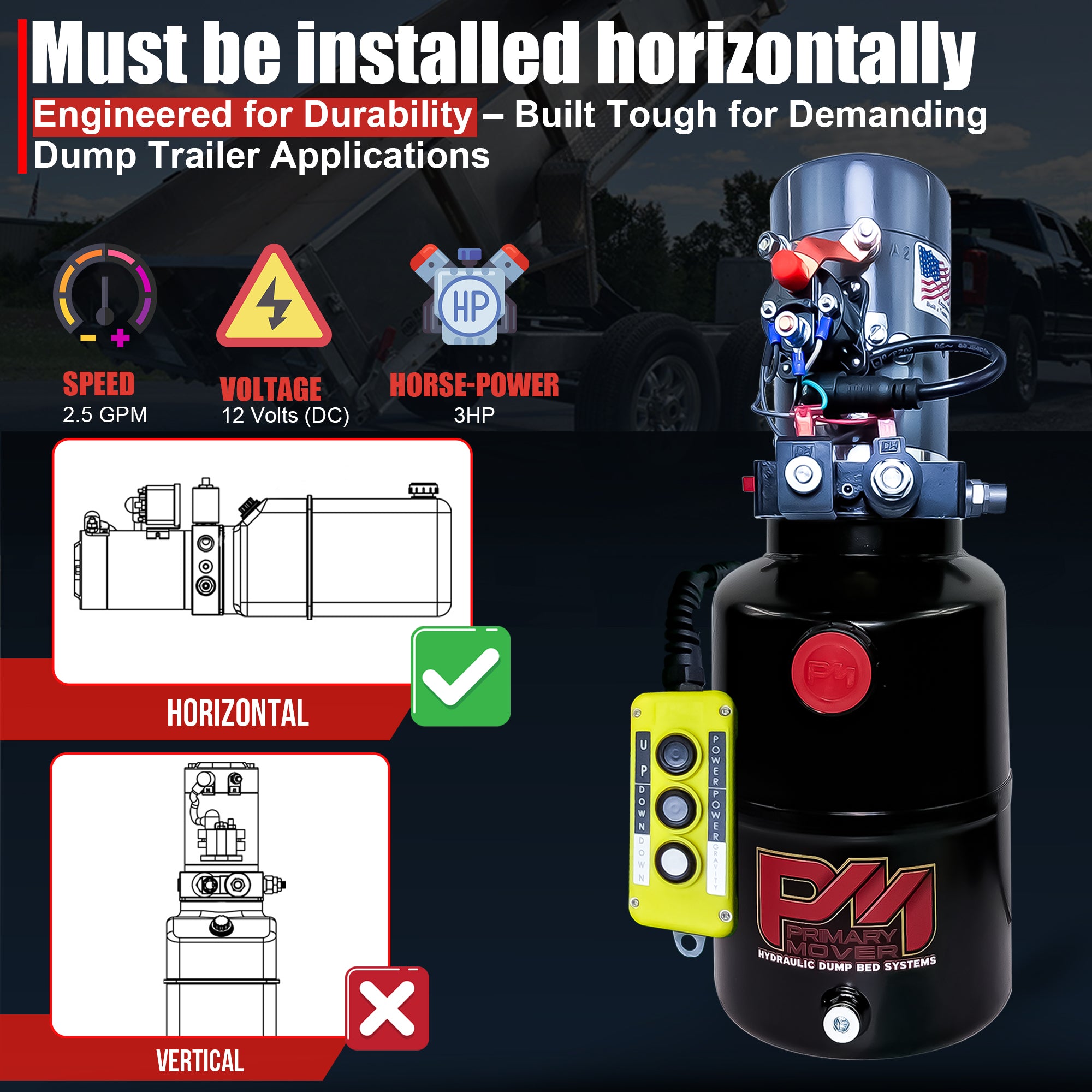 KTI 12V Double-Acting Hydraulic Pump with Steel Reservoir, featuring a compact design, durable construction, and easy installation, ideal for hydraulic dump bed systems.