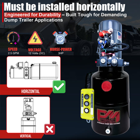KTI 12V Double-Acting Hydraulic Pump with Steel Reservoir, featuring a compact design, durable construction, and easy installation, ideal for hydraulic dump bed systems.