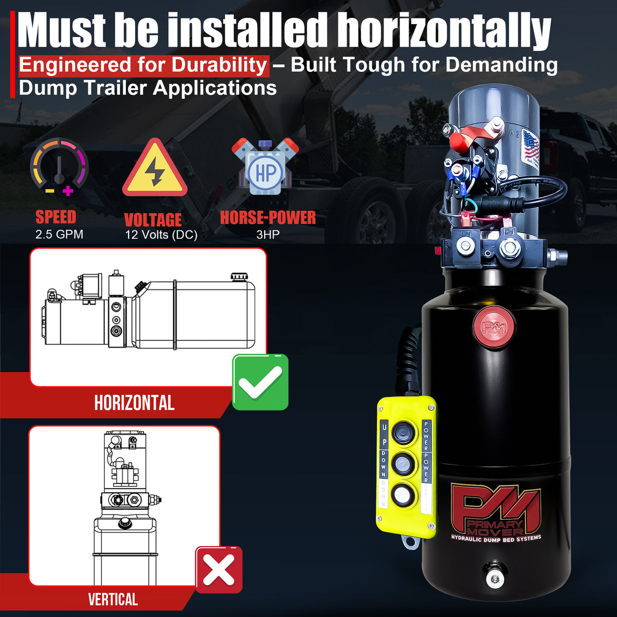 KTI 12V Double-Acting Hydraulic Pump - Steel Reservoir, featuring a cartoon machine design with check and cross icons, highlighting its robust hydraulic performance features.