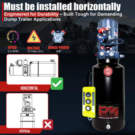 KTI 12V Double-Acting Hydraulic Pump - Steel Reservoir, featuring a cartoon machine design with check and cross icons, highlighting its robust hydraulic performance features.