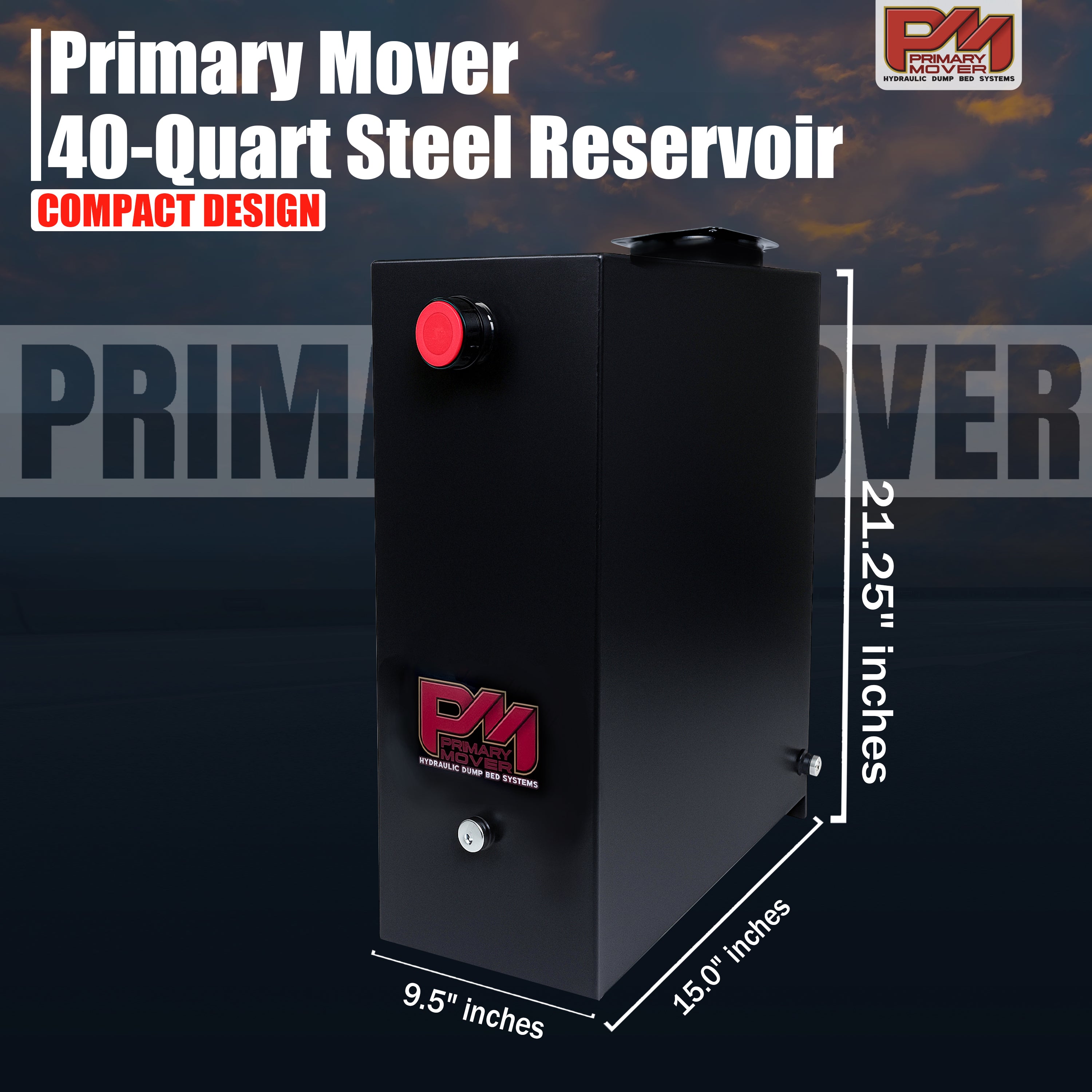 Hydraulic Power Unit Replacement Reservoir 40 Quart (10 Gallon) Steel, featuring a close-up of brand logo and design elements on a black rectangular box with red buttons.