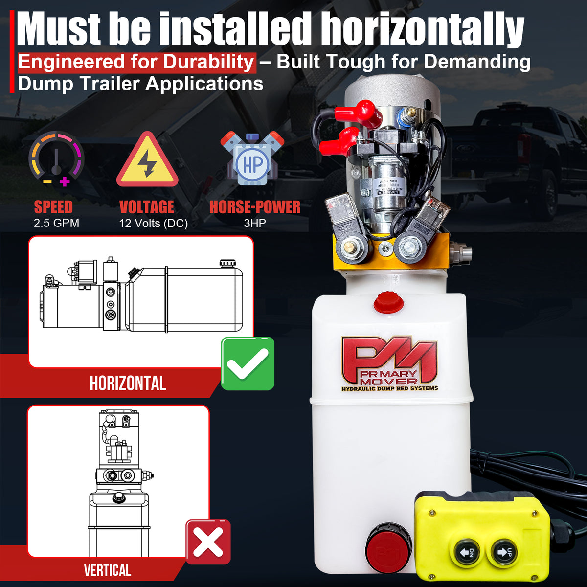 Title: 12V Double-Acting Hydraulic Power Unit - 3 HP Motor

Alt Text: Primary Mover 12V hydraulic power unit, 3 HP motor, durable poly tank, horizontal installation with remote for dump trailers. 

Meta Description: Discover the Primary Mover 12V hydraulic power unit with a 3 HP motor, designed for durability in demanding dump trailer applications. Ideal for power-up/down systems.