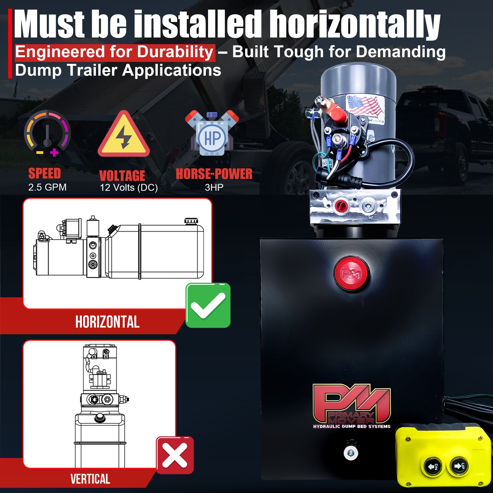 KTI 12V Single-Acting Hydraulic Pump with steel reservoir, optimized for dump bed systems, features a single-acting design and compact, durable construction for efficient operation.