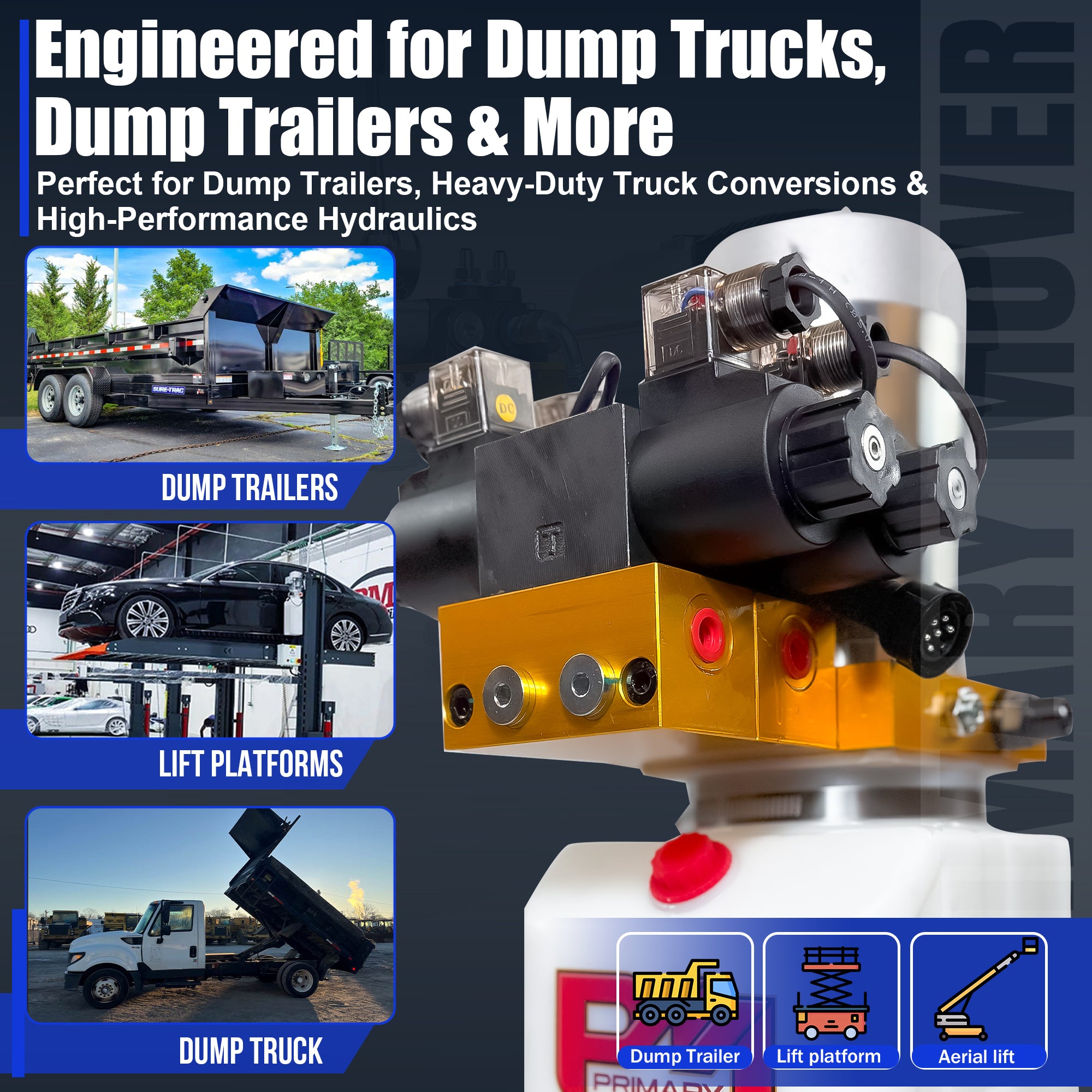 Primary Mover 12V Dual Double-Acting Hydraulic Dump Trailer Pump (Poly), compact design, dual double configuration for efficient multi-action hydraulic control in dump trailers/trucks.