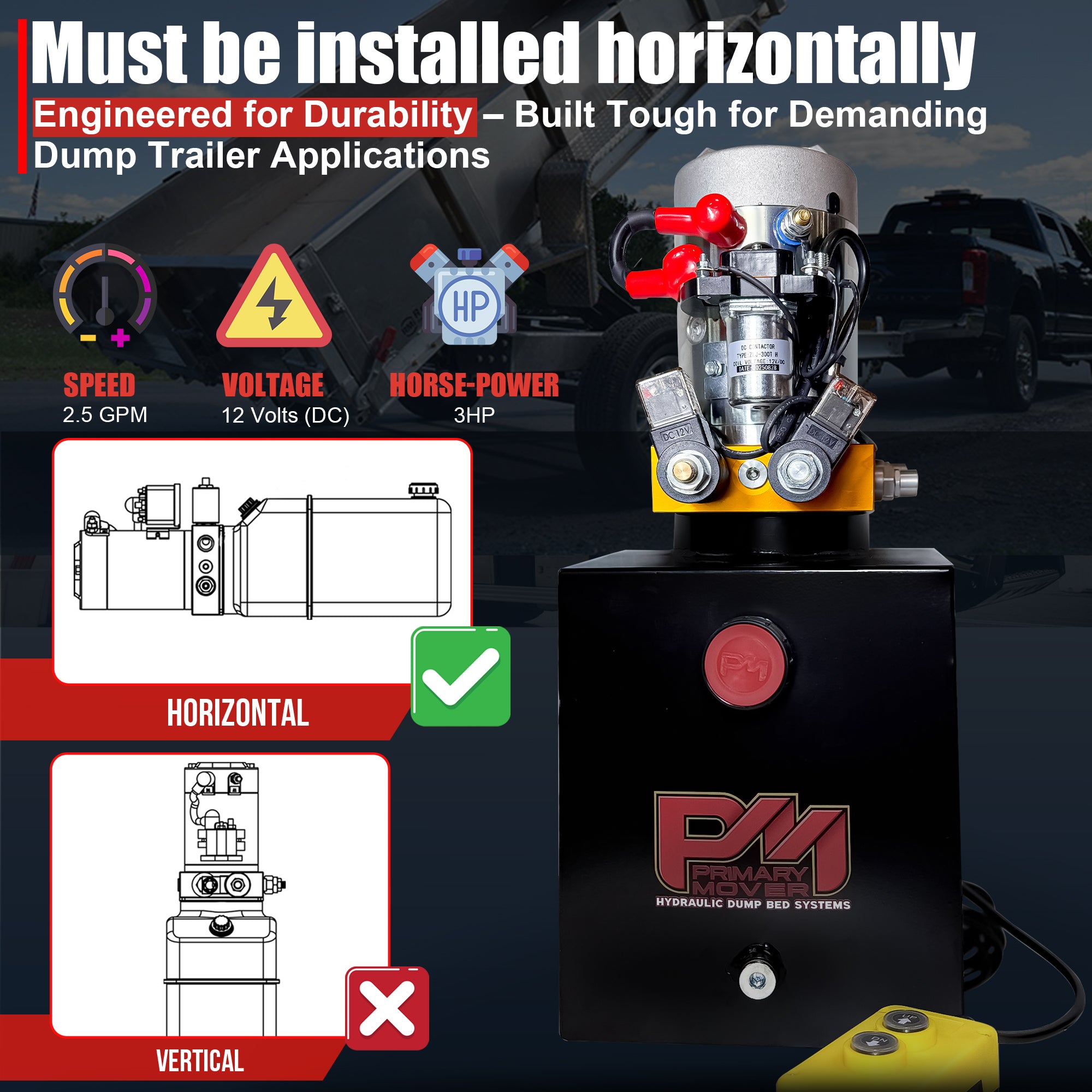**Title:** Primary Mover 12V Hydraulic Power Unit - 3 HP Motor

**Meta Description:** Discover the Primary Mover 12V Double-Acting Hydraulic Power Unit with a 3 HP motor, ideal for dump trailers and tilt beds. Horizontal installation required.

**Alt Text:** Product-promo of Primary Mover 12V Hydraulic Unit, 3 HP motor, showing horizontal installation with icons for speed, voltage, and horsepower, plus hand-held control pendant.