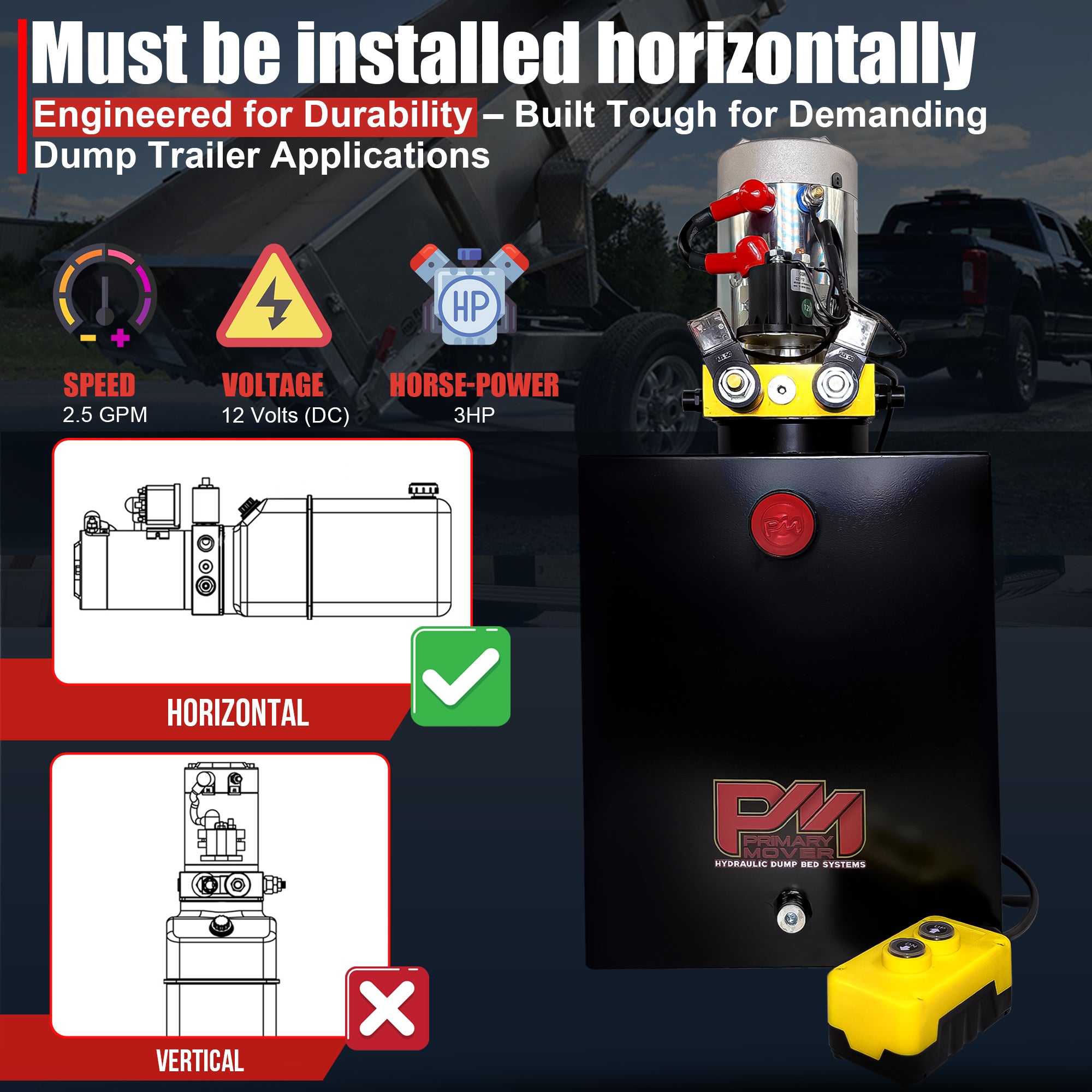 Primary Mover 12V Double-Acting Hydraulic Pump with steel reservoir, featuring red buttons and precision dual-acting functionality for hydraulic dump bed systems.