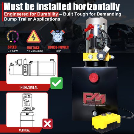 Primary Mover 12V Single-Acting Hydraulic Pump - Steel Reservoir, featuring a black and yellow design with red buttons, ideal for heavy-duty hydraulic applications.