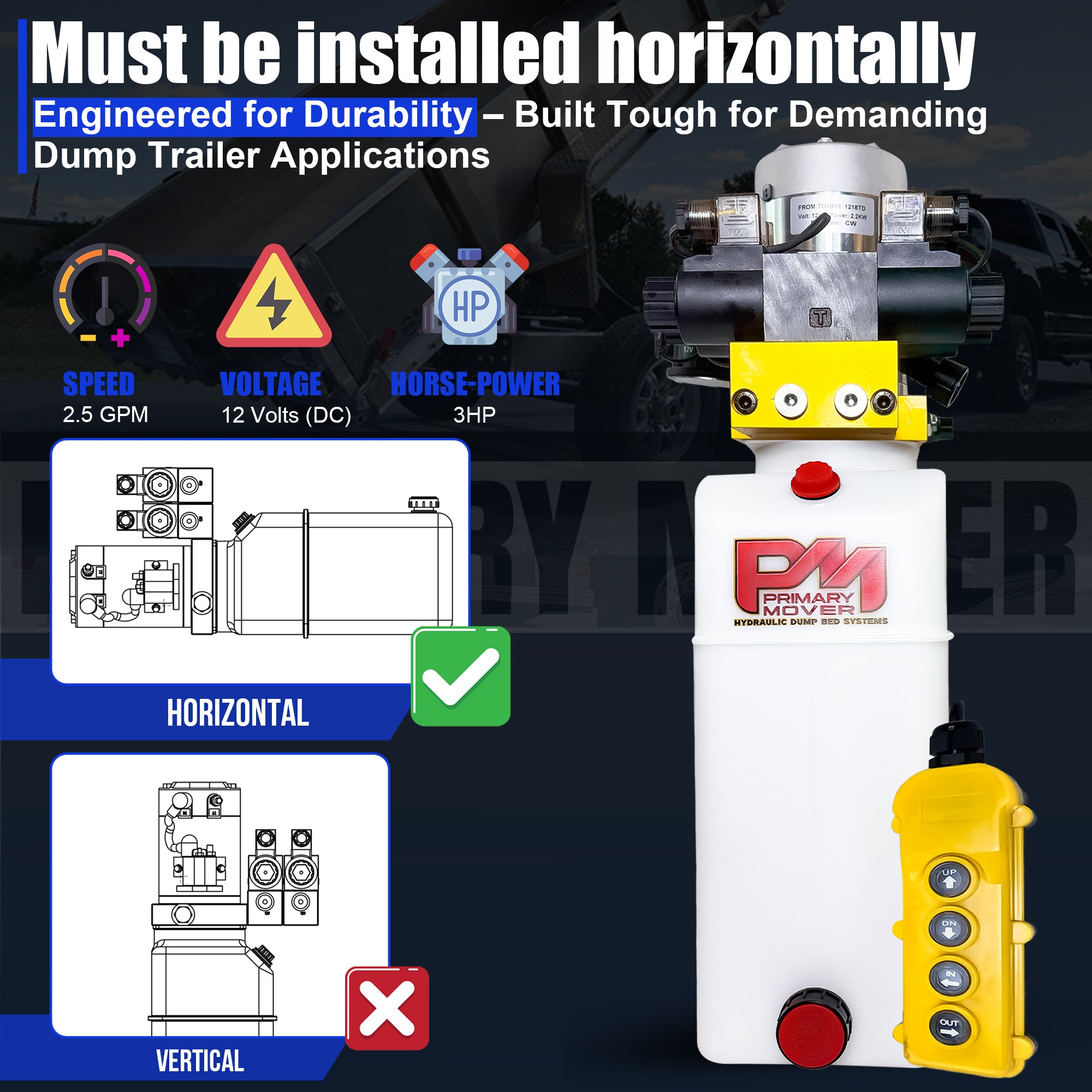 Primary Mover 12V Dual Double-Acting Hydraulic Dump Trailer Pump (Poly), compact unit for efficient hydraulic power, ideal for dump trailers and trucks, featuring dual double configuration.