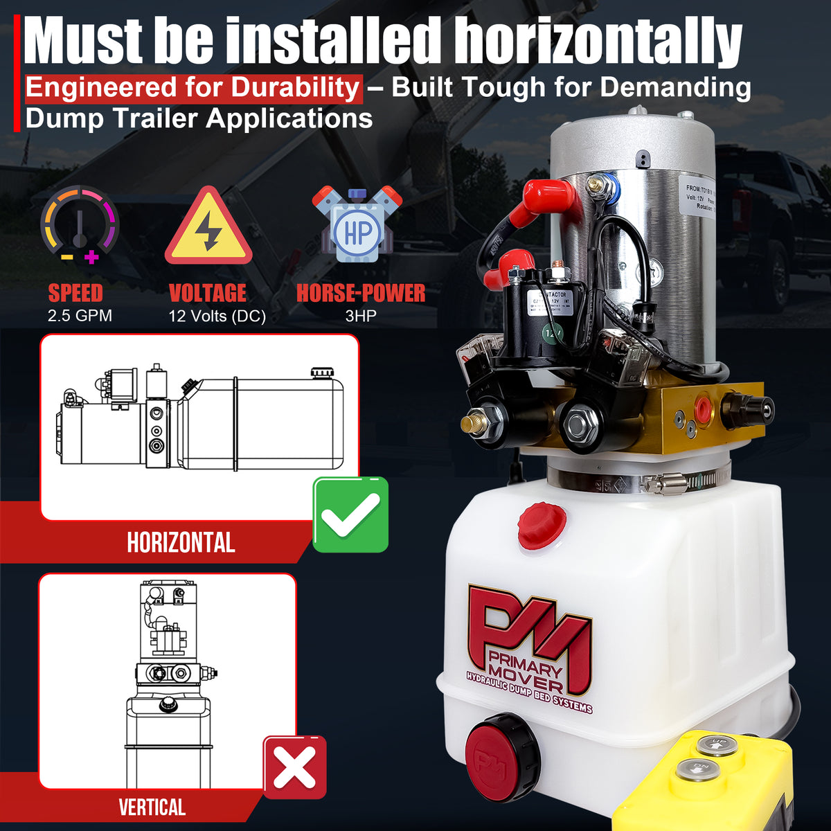 Primary Mover 12V Double-Acting Hydraulic Pump with red buttons, poly reservoir, and dual-acting precision, designed for hydraulic dump bed systems in industrial settings.