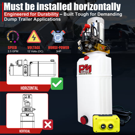 Primary Mover 12V Double-Acting Hydraulic Pump with poly reservoir, featuring dual-acting precision and quality craftsmanship, ideal for hydraulic dump bed systems.