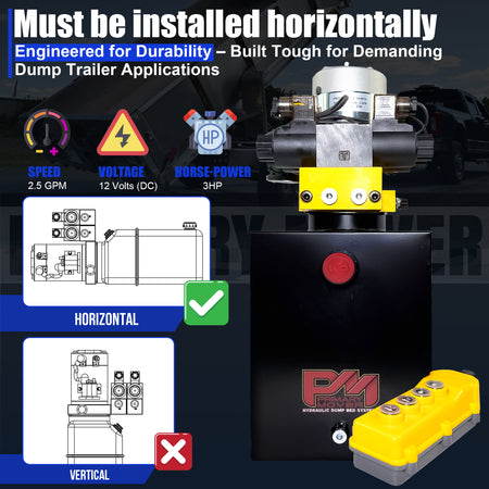 Primary Mover 12V Dual Double-Acting Hydraulic Dump Trailer Pump (Steel), featuring a compact design for versatile operation in dump trailers and trucks.