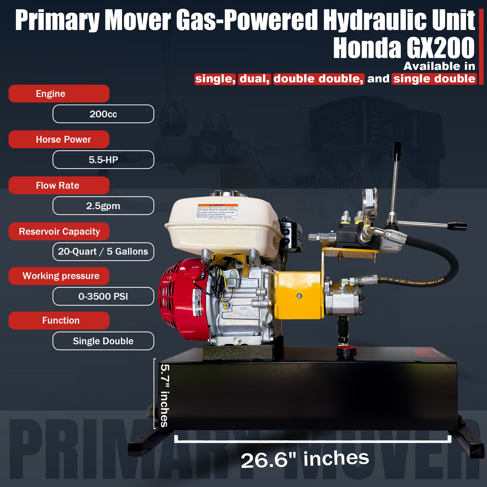 Primary Mover Double-Acting Gasoline Powered Hydraulic Pump | PF-GPU-5G: Compact unit with Honda GX200 engine, hydraulic pump, 20-quart tank, manual control valve, 2.5 gpm, 3,500 psi.