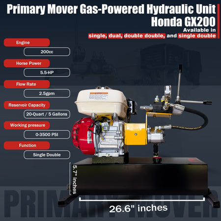 Primary Mover Double-Acting Gasoline Powered Hydraulic Pump | PF-GPU-5G: Compact unit with Honda GX200 engine, hydraulic pump, 20-quart tank, manual control valve, 2.5 gpm, 3,500 psi.