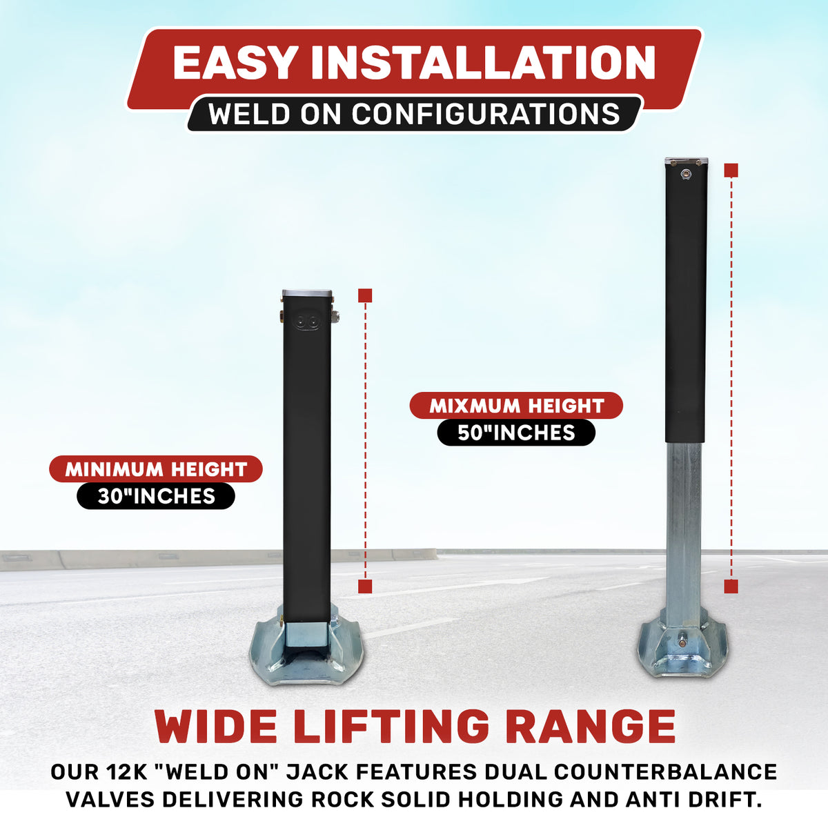 12k Single Hydraulic Trailer Jack Leg Kit Weld On or Bolt On displayed on a red and black sign with white text, highlighting its towing capabilities.