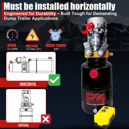 **Title:** Primary Mover 12V Double-Acting Hydraulic Power Unit, 3 HP

**Meta Description:** Discover the Primary Mover 12V Hydraulic Power Unit, featuring a 3 HP motor and horizontal installation. Ideal for dump trailers and high-capacity uses.

**Alt Text:** Diagram and photo of Primary Mover 12V Hydraulic Power Unit with 3 HP motor, showing correct horizontal installation and remote control.