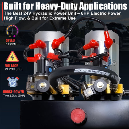 Primary Mover 24VDC Twin Engine High-Performance Hydraulic Power Unit featuring twin motors, red button, yellow warning symbol, and various tank size options for telescopic dump systems.