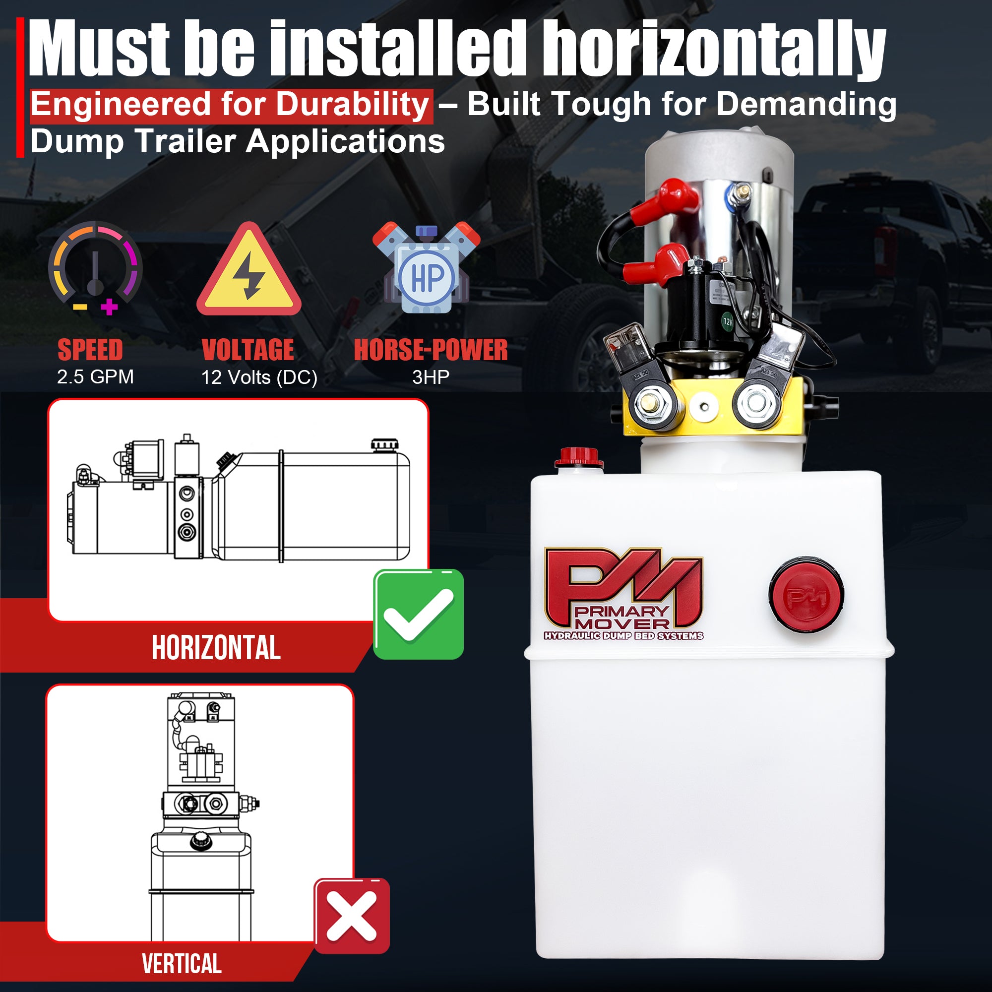 Primary Mover 12V Double-Acting Hydraulic Pump - Poly Reservoir shown with red buttons, a white container, and a logo, ideal for hydraulic dump bed systems.