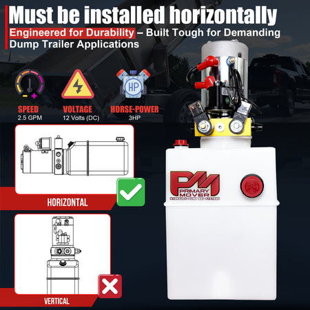 Primary Mover 12V Double-Acting Hydraulic Pump - Poly Reservoir shown with red buttons, a white container, and a logo, ideal for hydraulic dump bed systems.