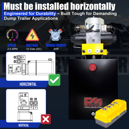 Primary Mover 12V Dual Double-Acting Hydraulic Dump Trailer Pump, steel unit, compact design, engineered for efficient, versatile hydraulic operations in dump trailers and trucks.